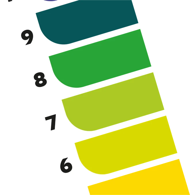Escala de pH alcalino: 9, 8, 7, 6